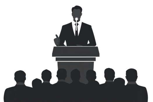A speaker stands at a podium delivering a speech to an audience, emphasizing communication and engagement. png