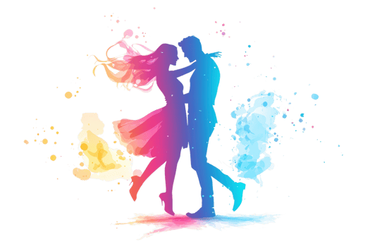 A vibrant silhouette of a couple dancing, surrounded by colorful splashes that evoke love and romance. png