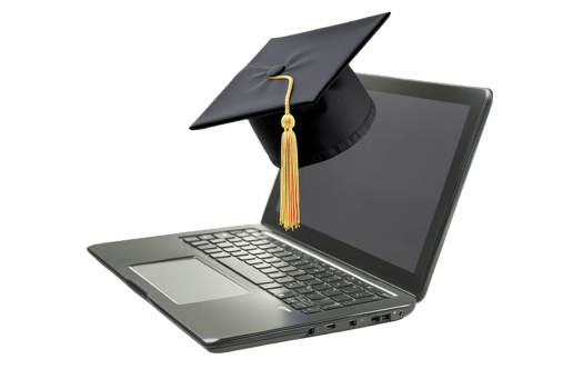 A laptop topped with a graduation cap, symbolizing academic achievement and the transition to digital learning environments. png