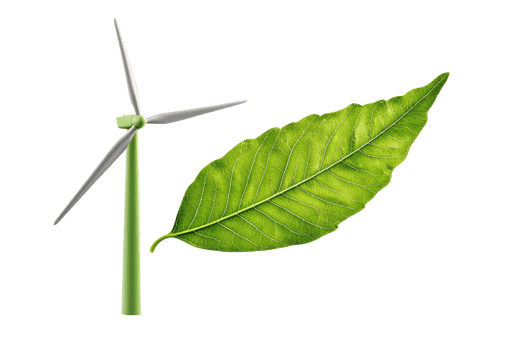 A wind turbine alongside a vibrant green leaf symbolizes sustainable energy and nature's synergy. png