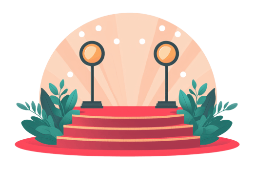 A vibrant stage featuring two spotlight stands, surrounded by lush foliage and decorated with red carpet steps. png