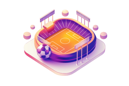 A vibrant, stylized soccer stadium featuring a central field, goalposts, and a distinctive ball. png