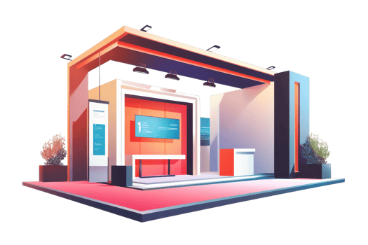 A modern exhibition booth featuring a sleek design, vibrant colors, and multiple display screens for showcasing products or services. png