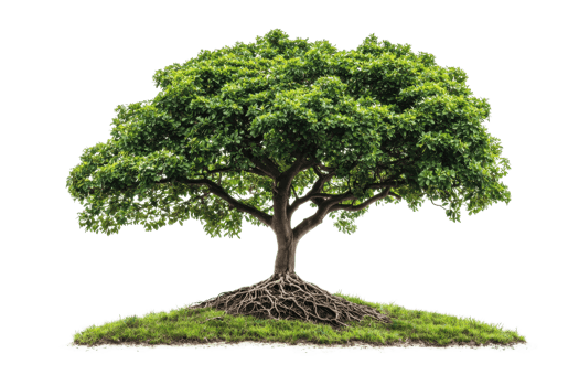 A vibrant, lush green tree with a broad canopy and exposed roots, symbolizing growth and vitality. png