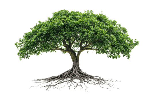 A lush green tree with a broad canopy and visible roots, showcasing vibrant leaves and a sturdy trunk. png