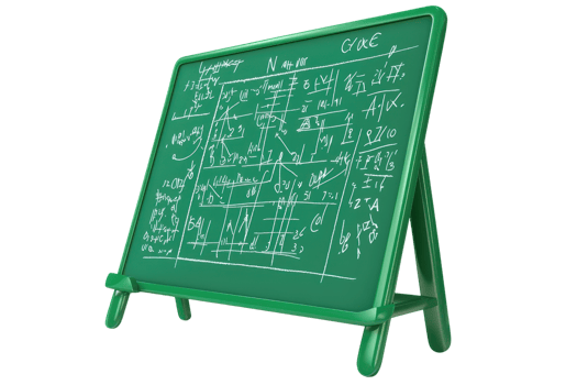 A green chalkboard displaying various mathematical equations and diagrams. png