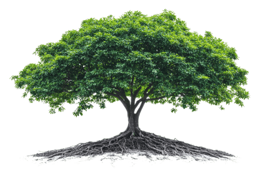 A large, lush green tree with a strong trunk and extensive roots, showcasing vibrant foliage and a solid structure. png
