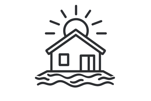 A simple house icon with waves and a rising sun behind it. png