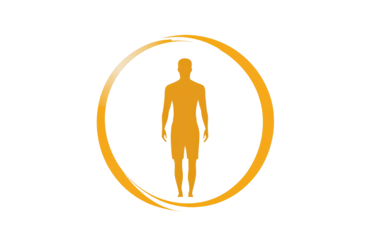 A stylized human figure in orange, enclosed within a circular design, representing health and fitness themes. png