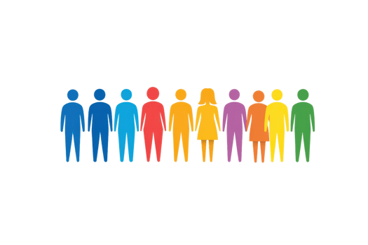 A sequence of colorful stylized figures representing diversity in gender and ethnicity. png