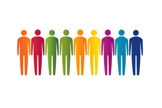 A colorful lineup of stylized human figures, each represented in a different vibrant shade, showcasing diversity and unity. png
