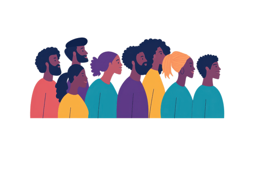 A diverse group of individuals, portrayed in profile, showcasing varied hairstyles and colors, representing unity and diversity. png