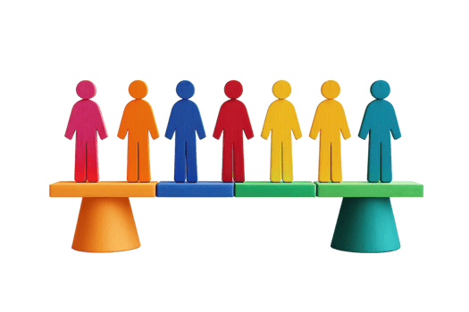 Colorful wooden figures balanced on a seesaw, representing equality and teamwork. png