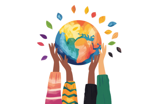Colorful hands uplift a vibrant globe, symbolizing unity and global care through diverse participation. png