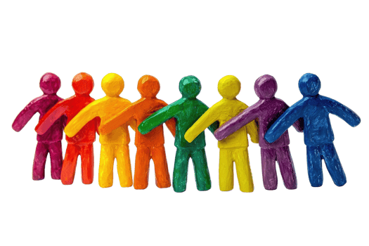 Colorful, figurative representations of people linked together, showcasing unity and diversity in a playful design. png