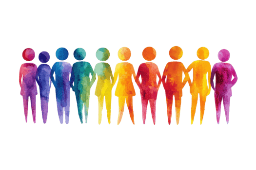 A vibrant arrangement of diverse, colorful human figures standing in a row, showcasing unity and variety in form and color. png
