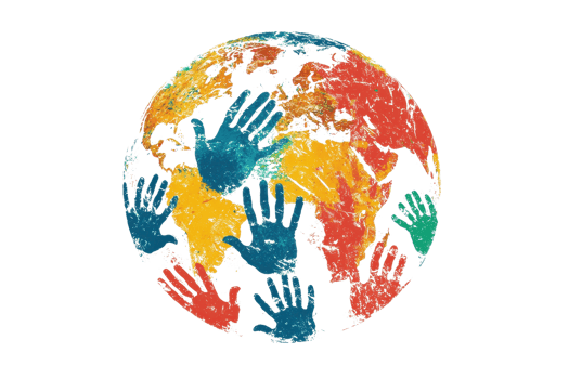 A colorful depiction of the Earth surrounded by handprints, symbolizing unity and global collaboration. png