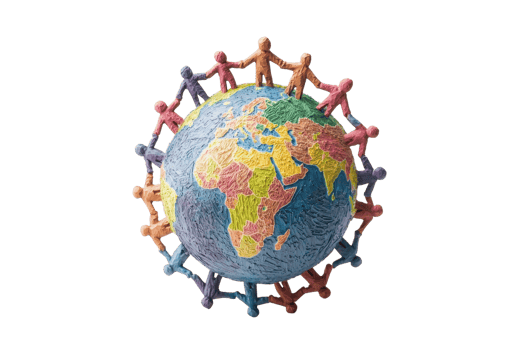 A globe surrounded by colorful paper figures, symbolizing global unity and collaboration among diverse cultures. png