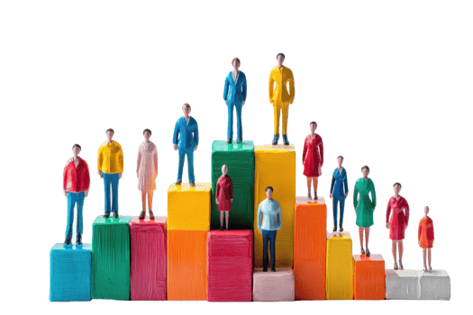A group of colorful figurines stands on varying-height blocks, representing different levels or achievements. png