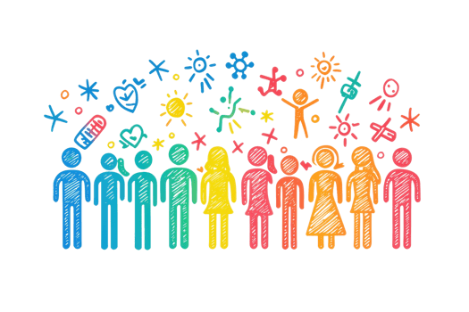 A colorful illustration of diverse stick figures representing community, connection, and collaboration. png