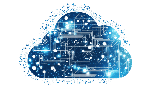 A digital cloud featuring circuitry patterns and glowing nodes that symbolize data flow and connectivity. png