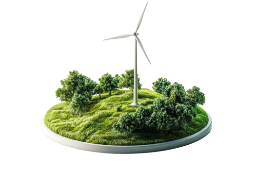 A wind turbine stands on a green, lush landscape featuring rolling hills and trees, symbolizing renewable energy and sustainability. png