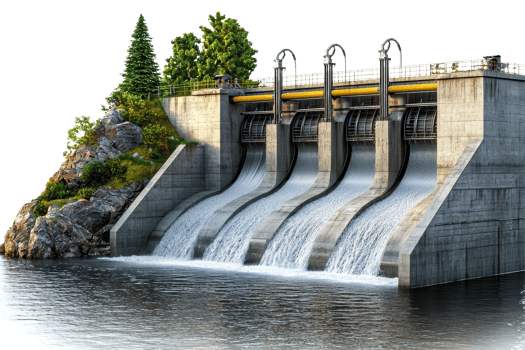 A concrete dam with three spillways, surrounded by greenery and a rocky shore, reflecting water flow in a serene landscape. png