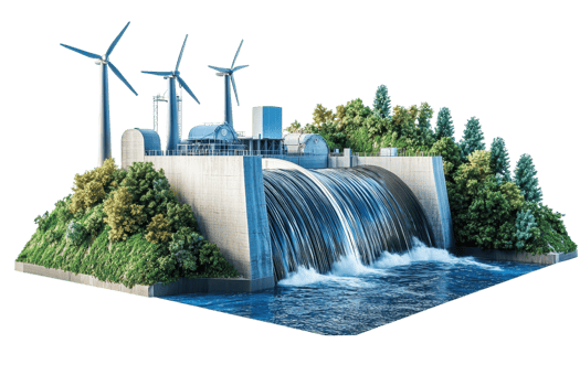 A model showcasing a hydroelectric dam with flowing water, wind turbines, and surrounding greenery. png