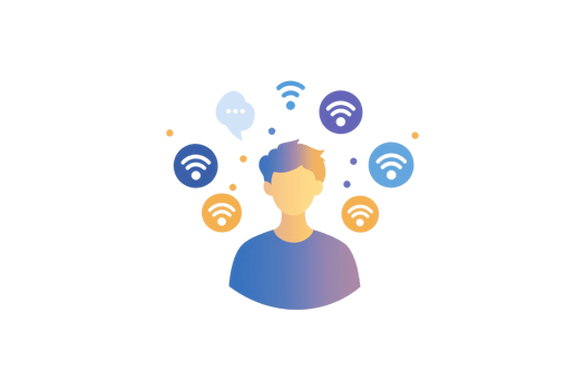 A stylized illustration of a person surrounded by symbols of communication and connectivity like speech bubbles and Wi-Fi signals. png