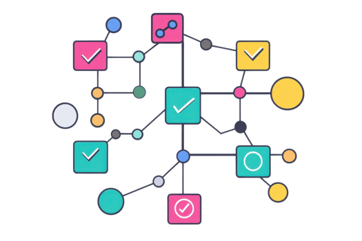 Abstract diagram featuring colorful shapes connected by lines, with check marks indicating completion or approval. png