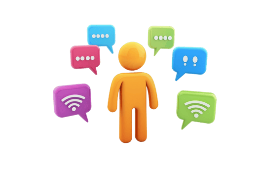 A stylized figure surrounded by various speech bubbles representing communication and networking. png