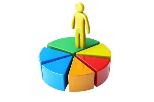 A yellow figure stands atop a colorful pie chart divided into segments, symbolizing data representation and analysis. png