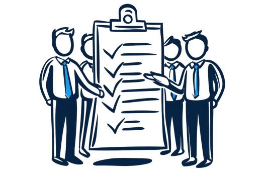A group of business individuals discussing a checklist on a clipboard, indicating teamwork and task management. png