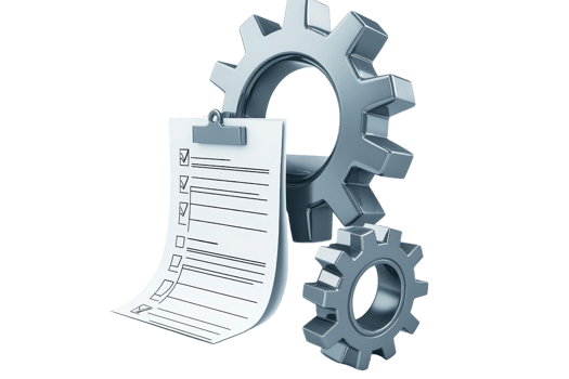 A gear and a checklist paper, illustrating mechanical work and task management in a collaborative, systematic environment. png