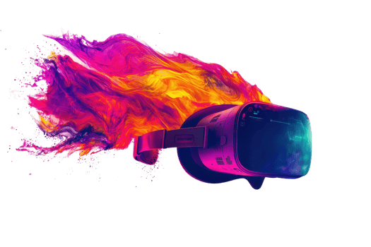 A vibrant virtual reality headset with colorful flames flowing from it, symbolizing immersive technology and creativity. png