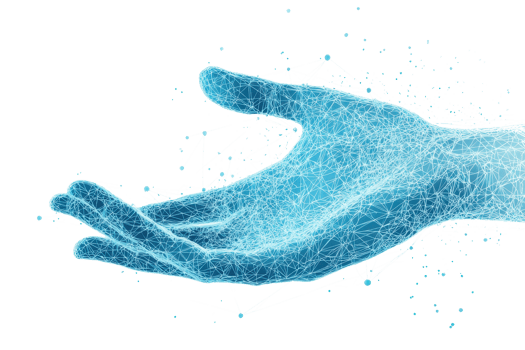 A digitally rendered blue hand extending outward, symbolizing technology and connection in a futuristic style. png