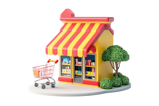 A colorful, stylized convenience store complete with a striped awning, shelves of products, and a shopping cart nearby. png