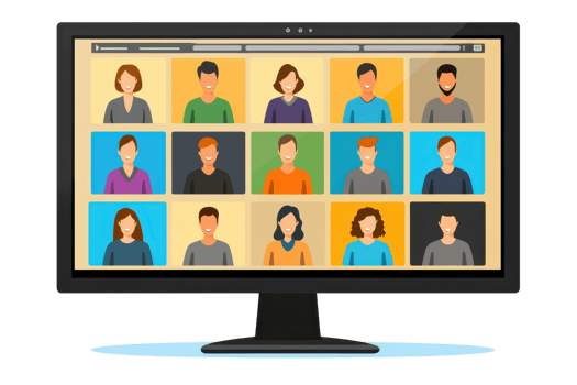 A digital display shows a grid of diverse, illustrated avatars representing different individuals. png