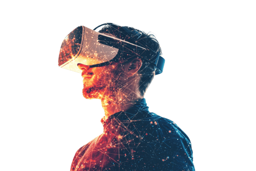 A person wearing a virtual reality headset, immersed in a vibrant display of colors and patterns, suggesting a futuristic experience. png