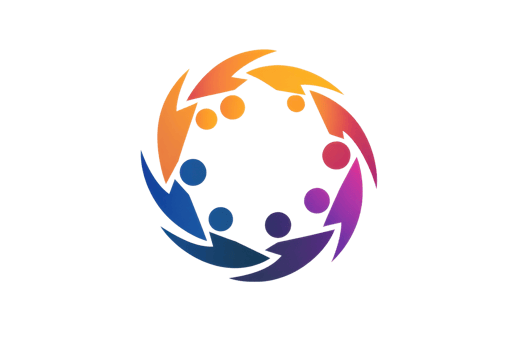 A circular graphic featuring stylized figures with different colors arranged in a cooperative design representing unity and collaboration. png