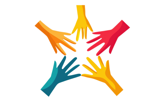 Colorful hands arranged in a star formation, symbolizing unity and collaboration. png
