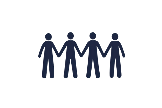 Four stylized figures standing side by side, holding hands, symbolizing unity and collaboration. png