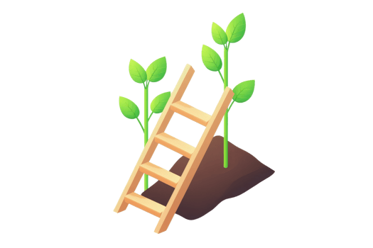 A wooden ladder placed next to two sprouting green plants growing from brown soil. png