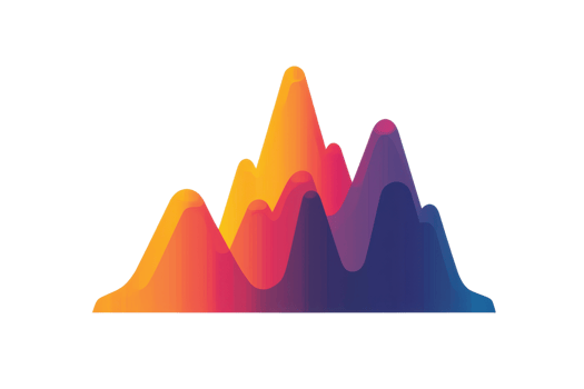 Vibrant, colorful waveforms resembling mountain peaks in various shades of orange, pink, and blue, representing sound or data visualization. png