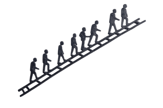 A series of figures illustrates the theme of progression, depicted as they ascend a set of ladder rungs. png