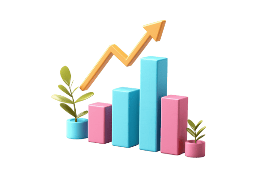 A colorful bar chart with an upward arrow, accompanied by small green plants, symbolizing growth and progress. png