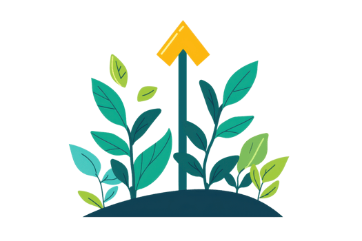 A vibrant illustration of green leaves and a yellow arrow, symbolizing growth and direction. png