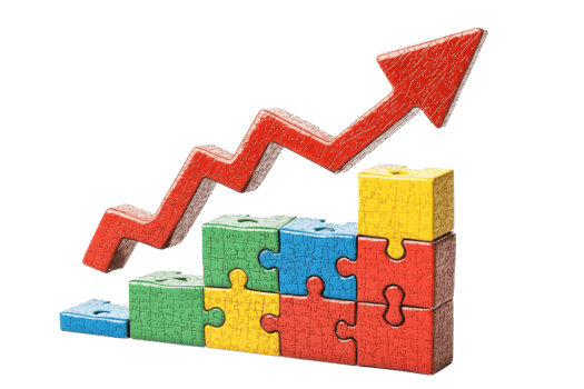 A colorful puzzle chart illustrating upward growth with an arrow, symbolizing progress and success. png
