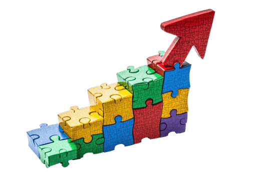 A colorful stack of puzzle pieces forms a staircase, leading up to a bold red arrow symbolizing growth and progress. png