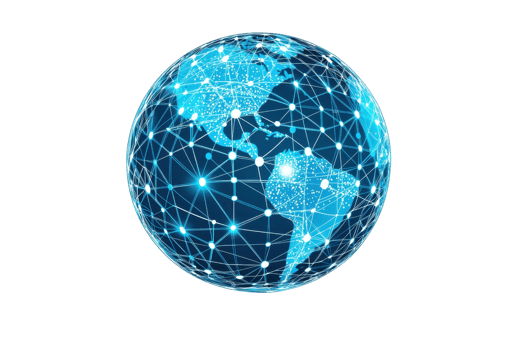 A stylized, interconnected globe depicting the Americas with vibrant blue lines representing networks and digital connections. png